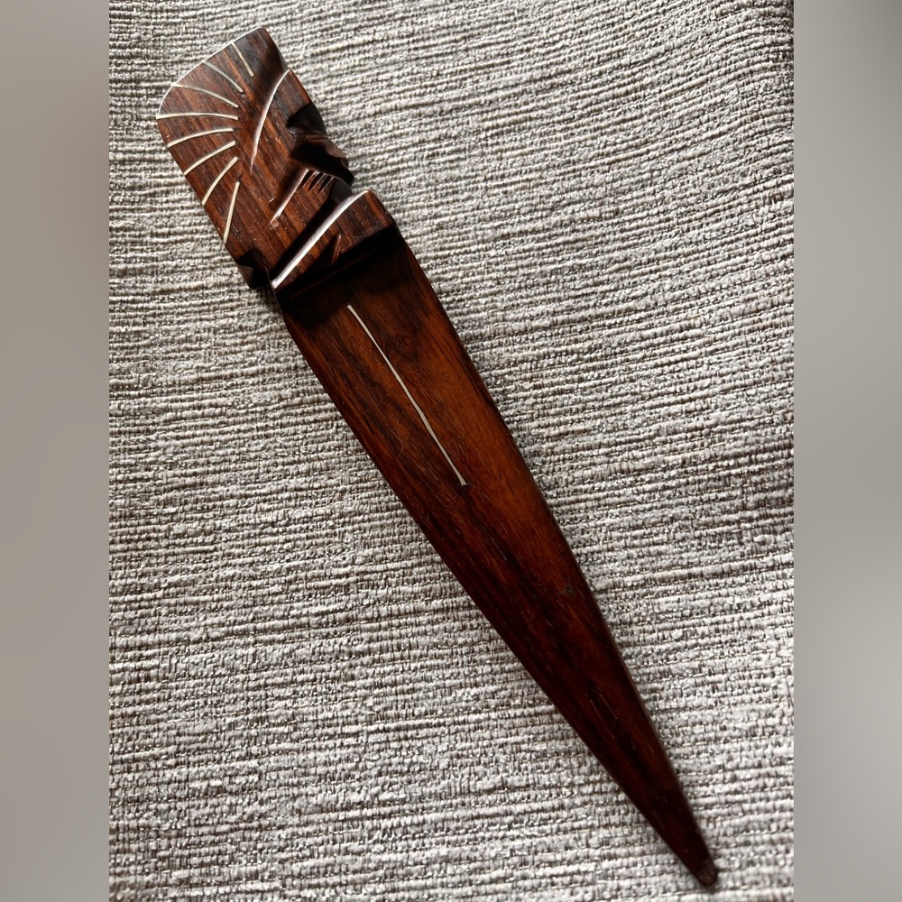 Wooden Carved Letter Opener with Brass Inlay